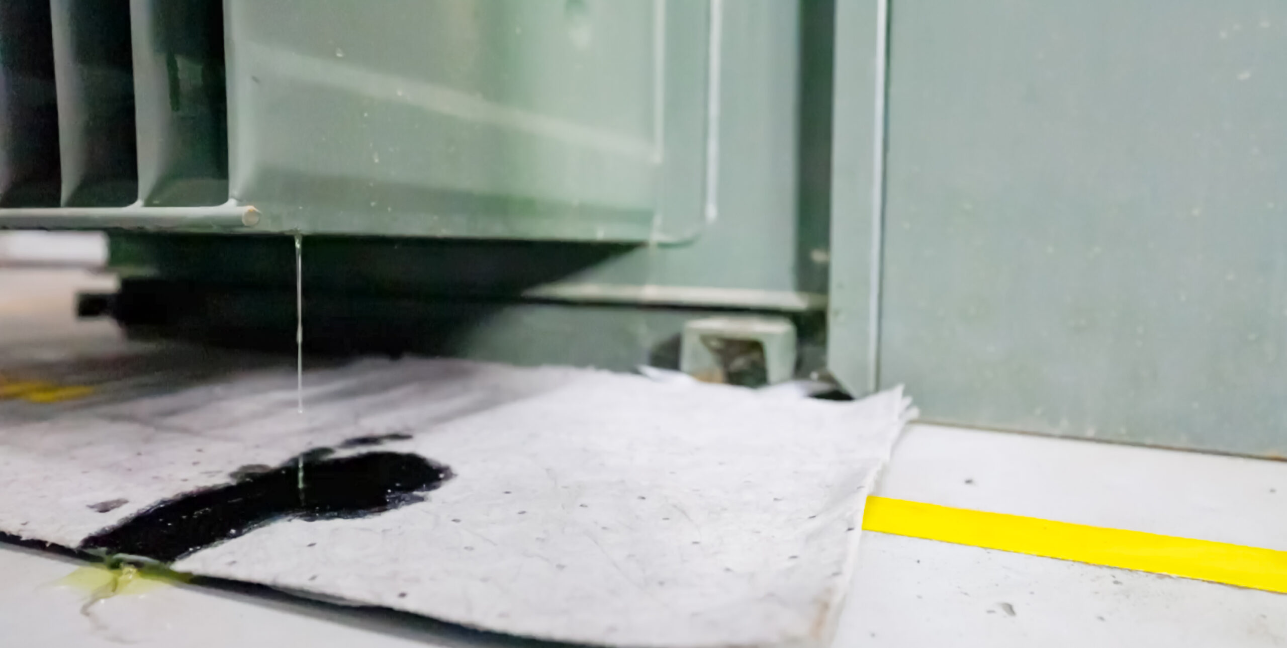A transformer oil leak coming from a padmount transformer radiator fin.